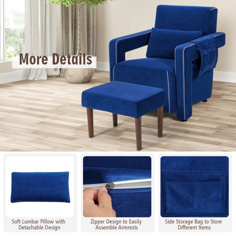 Modern blue berber fleece single sofa chair with ottoman, featuring a removable waist pillow and side storage bag.