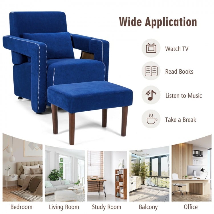 Modern blue Berber fleece accent chair with ottoman and waist pillow, perfect for living room or bedroom relaxation.