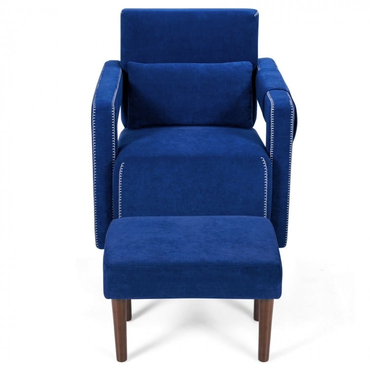 Blue modern Berber fleece accent chair with ottoman and waist pillow, featuring a larch wood frame for stability.