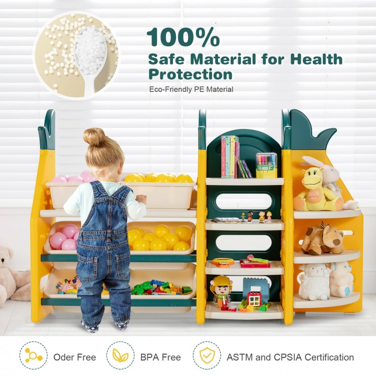 3-in-1 kids toy storage organizer with 6 bins and 7 shelves in bright colors, perfect for playrooms and bedrooms.