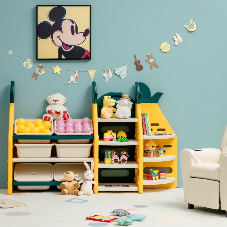 3-in-1 kids toy storage organizer with bookshelf and corner rack in bright colors, featuring 6 bins for easy toy.