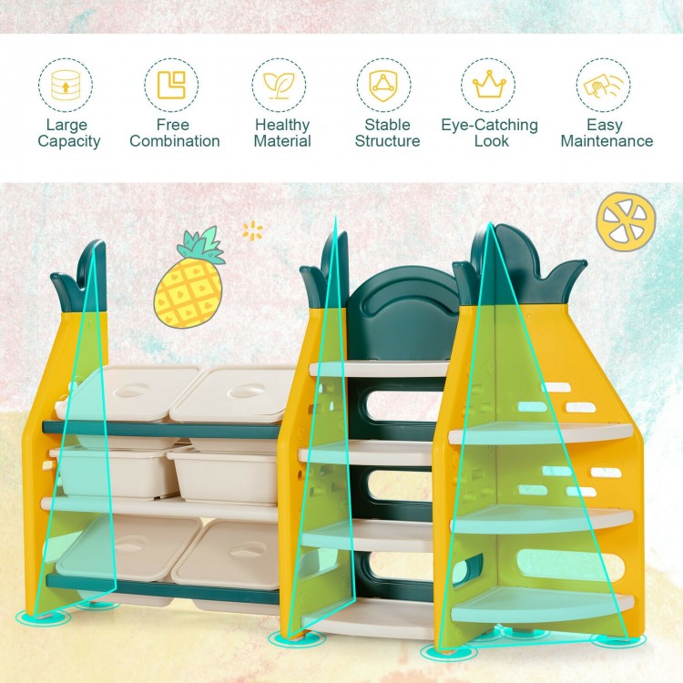 3-in-1 kids toy storage organizer with 6 bins and 7 shelves in a cute pineapple design for easy access and organization.