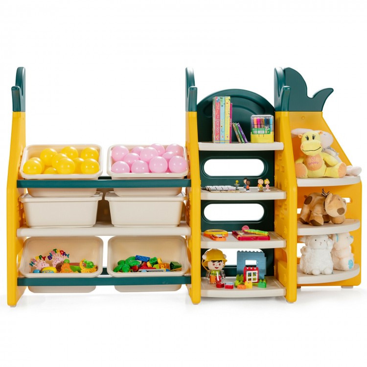 3-in-1 kids toy storage organizer with 6 bins and 7 shelves, featuring a cute pineapple design for playrooms and.