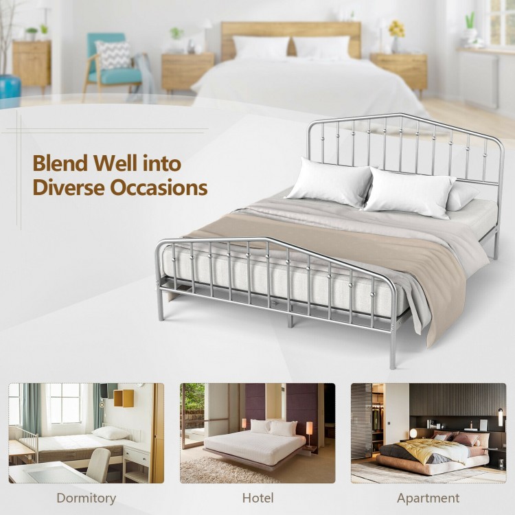 Queen size metal bed frame in silver with headboard and footboard, featuring 9" legs for under-bed storage. Ideal for.