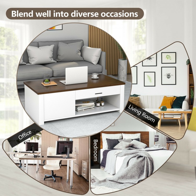 Modern coffee table with front and back drawers, sturdy design, suitable for living room, office, and bedroom use.