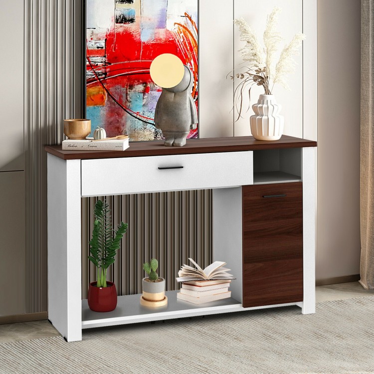 48-inch console table featuring a drawer, cabinet, and shelf, made of engineered wood for stylish storage in any room.