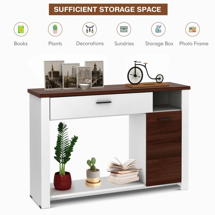 Console table with a wide tabletop, drawer, cabinet, and adjustable shelf, perfect for entryway or living room storage.