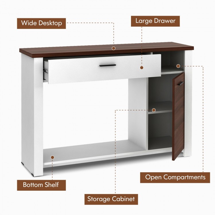 48-inch console table featuring a wide desktop, large drawer, and open compartments for versatile storage solutions.