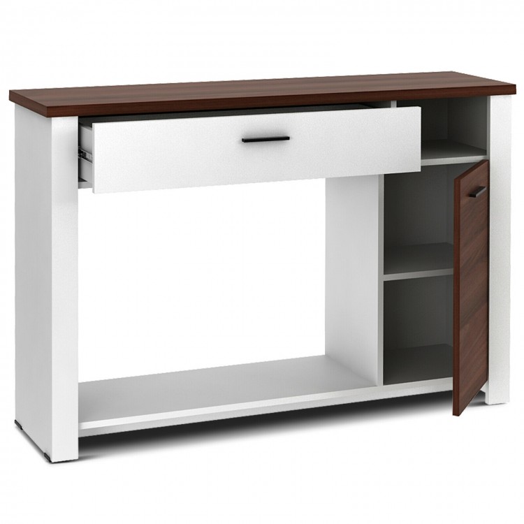 Console table showcasing a side view with a sleek drawer and cabinet, perfect for stylish storage in any room.