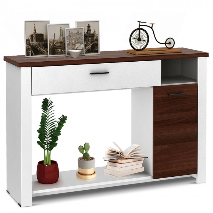 Console table with a wide tabletop, drawer, and cabinet in white and walnut finish, perfect for entryway or living room.