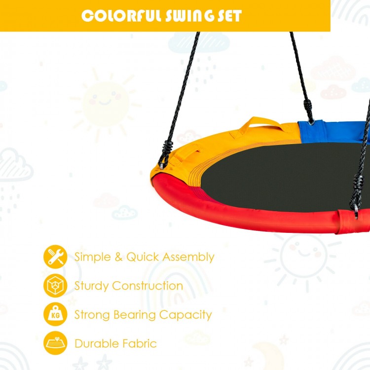 Colorful 40-inch saucer swing with pillow and handles, designed for outdoor use, supports 2-3 kids for safe fun.