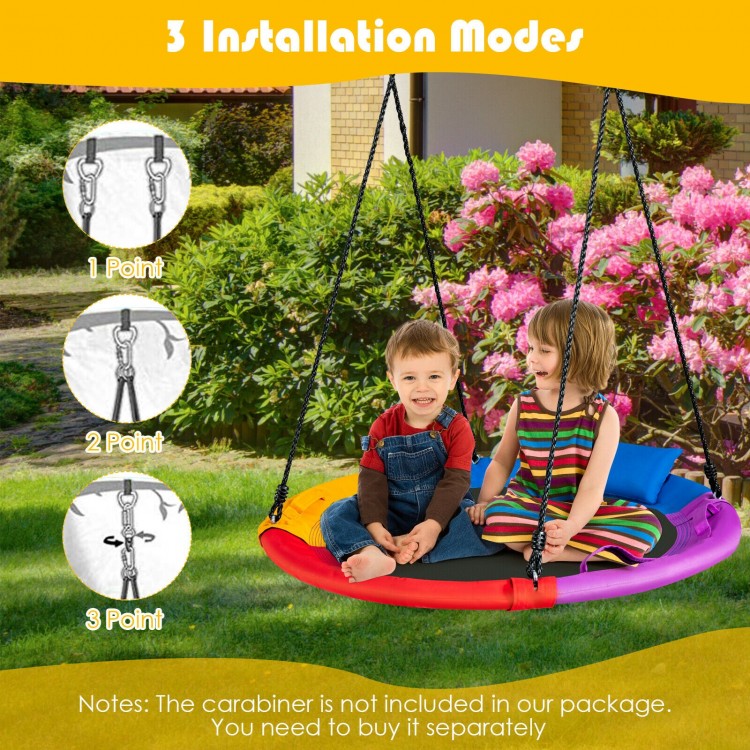 40-inch multicolor saucer swing with pillow and handles, designed for outdoor use, perfect for backyard fun.