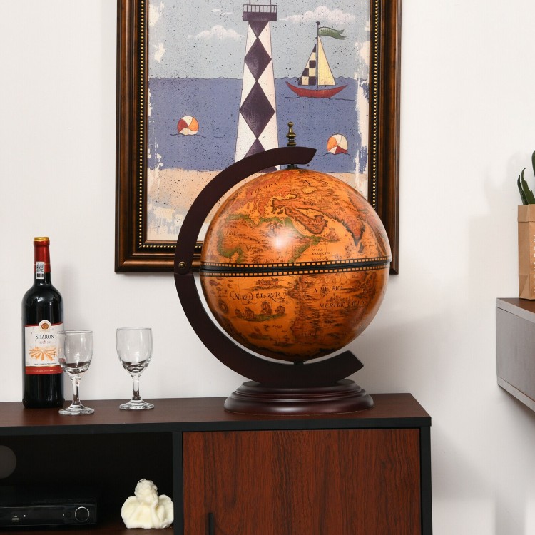 Tabletop globe wine cabinet with nautical map design, made of solid wood and fibreboard, holds 3 wine bottles and.