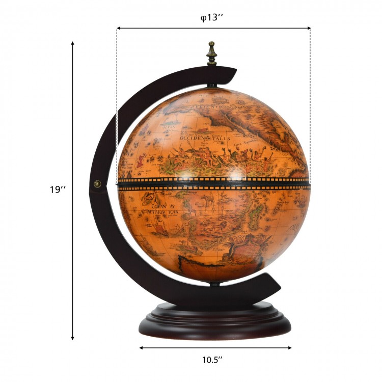 Tabletop globe wine cabinet featuring a 16th-century nautical map design, made of solid wood and fibreboard, holds 3.