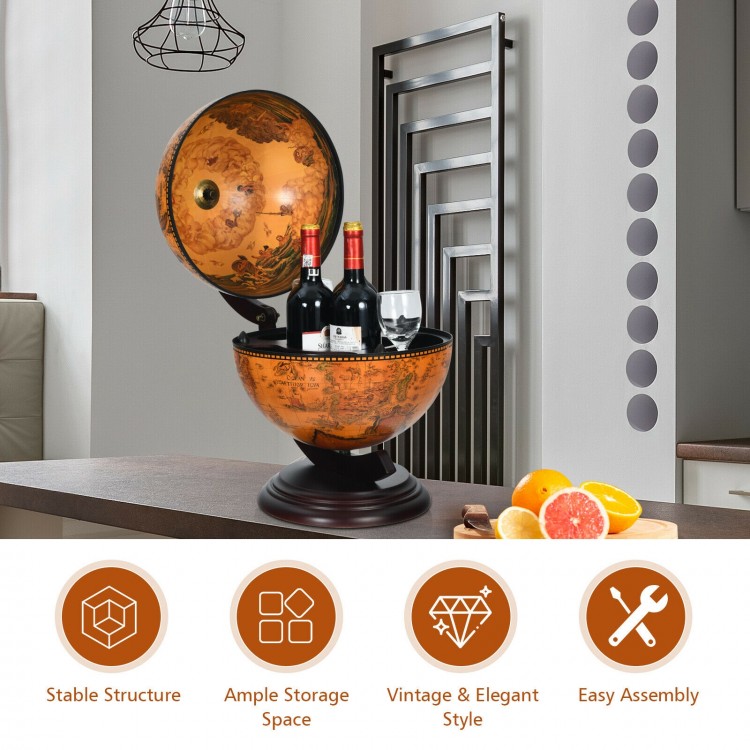 19-inch tabletop globe wine cabinet in brown, featuring ample storage for 3 bottles and elegant vintage design for home.