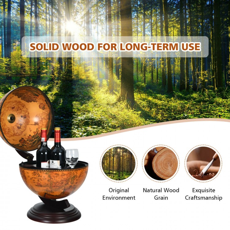 19-inch tabletop globe wine cabinet in brown, made of solid wood and fibreboard, holds 3 wine bottles and glasses.