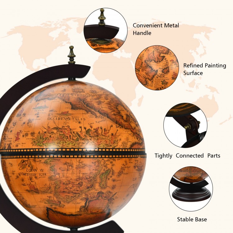 19-inch tabletop globe wine cabinet with nautical map design, brown solid wood base, and storage for 3 wine bottles.