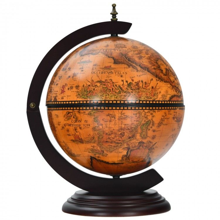 19-inch tabletop globe wine cabinet in brown with elegant vintage nautical map design, featuring a circular base for.