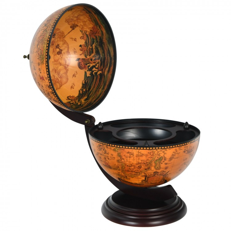 Nautical map tabletop globe wine cabinet in brown, featuring an elegant opening globe design for stylish wine storage.
