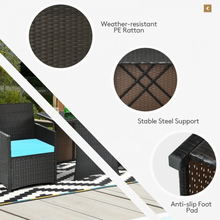 Close-up of weather-resistant PE rattan and stable steel support of a 3 pcs patio furniture set for outdoor relaxation.