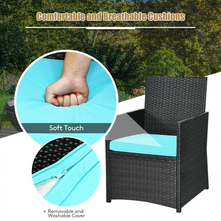 Turquoise cushion on a rattan chair, showcasing soft touch and removable cover, perfect for outdoor patio relaxation.