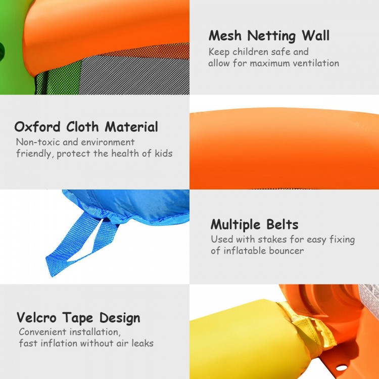 Inflatable bounce house with mesh walls, durable oxford material, and large jumping area for kids' fun and safety.