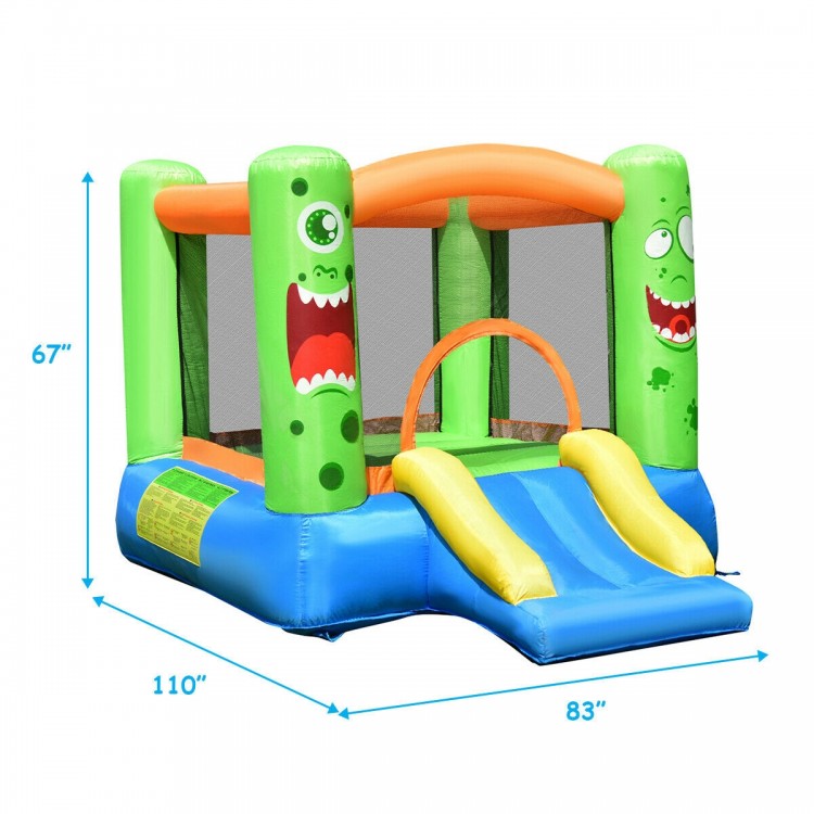 Brightly colored inflatable bounce house with slide, built-in basketball hoop, and mesh walls for safety, 110" x 83".