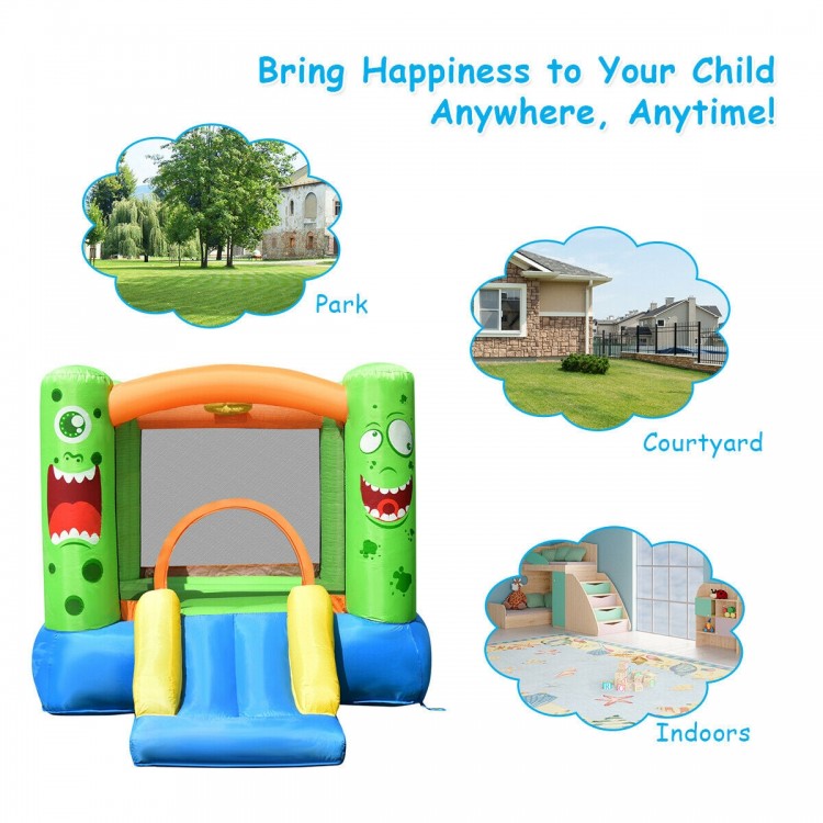 Brightly colored inflatable bounce house with slide and basketball hoop, perfect for kids' fun indoors or outdoors.