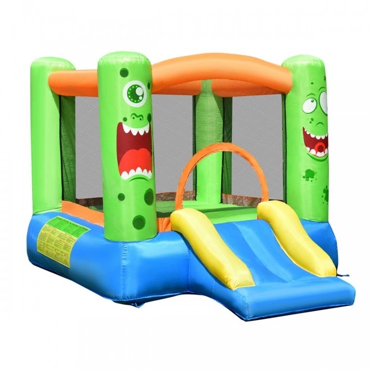 Brightly colored inflatable bounce house with slide and mesh walls, perfect for kids' playtime and outdoor fun.