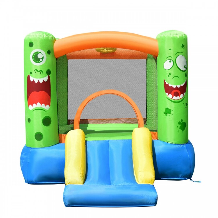 Front view of inflatable bounce house featuring a vibrant design and large entrance for easy access and fun playtime.