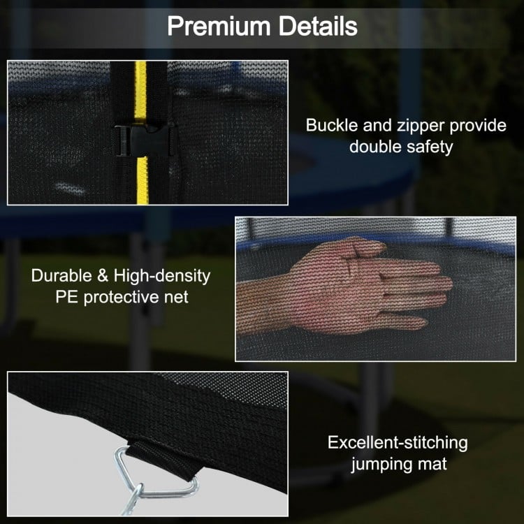Close-up of the durable PE protective net and buckle closure on the 15 ft outdoor trampoline for enhanced safety.