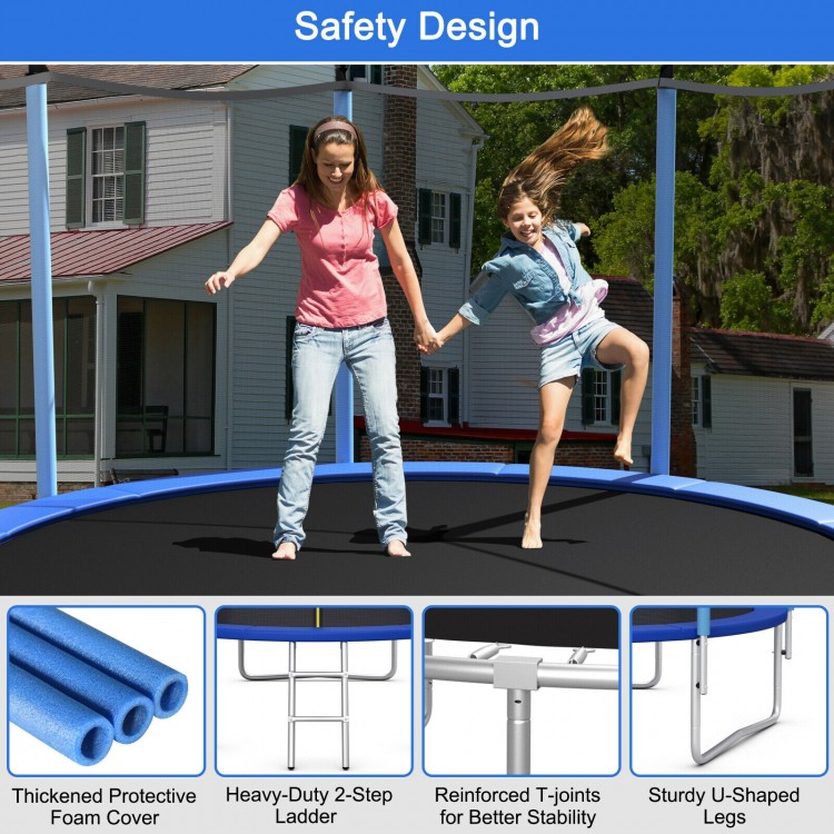 Outdoor trampoline with safety net, 15 ft, featuring protective foam, sturdy U-shaped legs, and a heavy-duty ladder for.