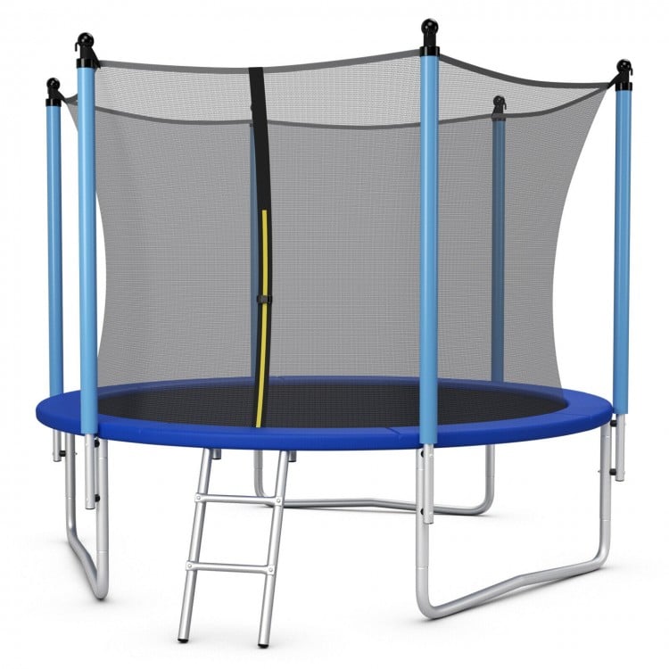 Side view of the 15 ft outdoor trampoline with safety net, showcasing robust U-shaped foot tubes and protective foam.