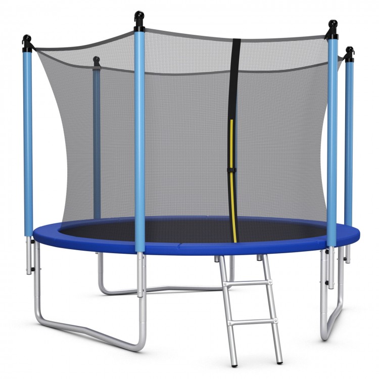 Front view of the 15 ft outdoor trampoline with safety net, highlighting the dual zipper and buckle closure system for.