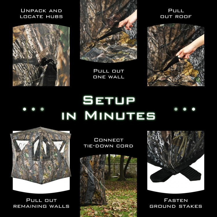 3-person portable pop-up ground tent with gun ports, made of durable polyester, ideal for outdoor hunting setups.