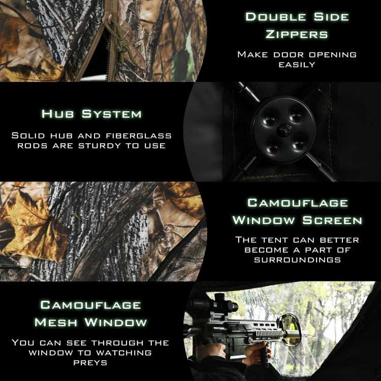 3-person portable pop-up hunting tent with camouflage mesh window and gun ports for enhanced outdoor concealment.