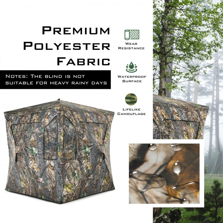 3-person portable pop-up hunting tent in camouflage, made of durable polyester fabric, ideal for outdoor use.