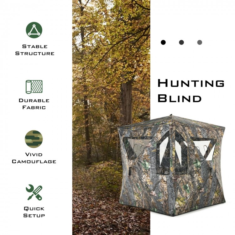 Portable 3-person hunting blind with vivid camouflage, durable fabric, and gun ports for easy setup in outdoor.