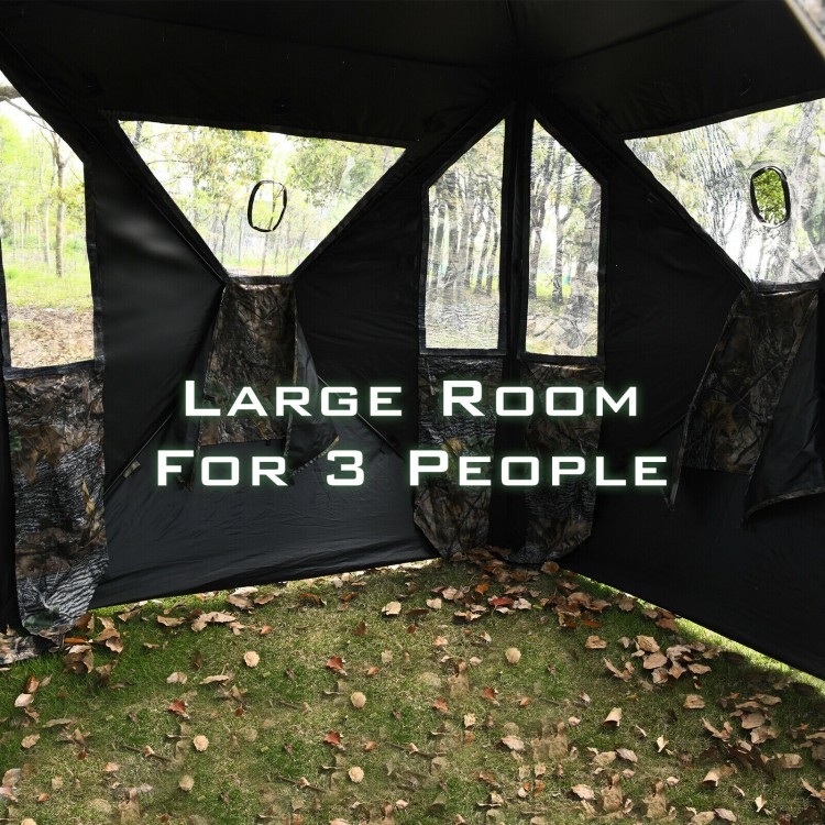 Spacious 3-person portable pop-up hunting tent with gun ports and camouflage design for outdoor use.