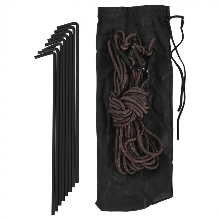 Ground stakes and tie-downs for 3-person portable pop-up hunting tent, enhancing stability for outdoor use.
