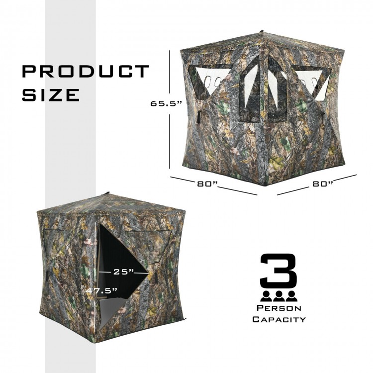 Three-person portable pop-up ground tent with camouflage design, gun ports, and carrying bag for outdoor hunting.