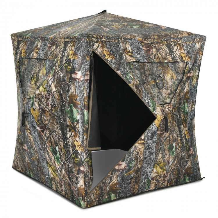 3-person portable pop-up hunting tent in camouflage with gun ports, designed for easy setup and outdoor stability.