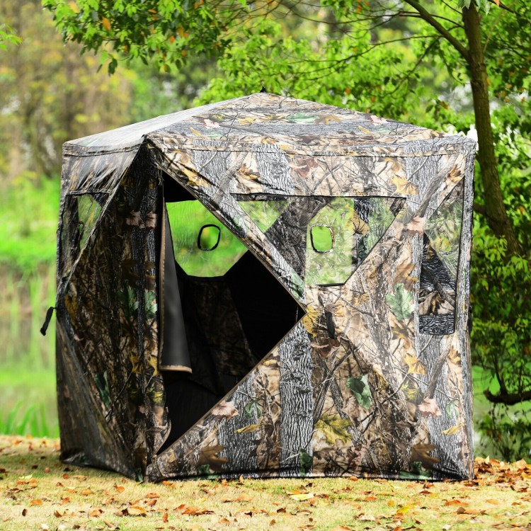 3-person portable pop-up hunting tent with camouflage design, gun ports, and carrying bag for outdoor use.