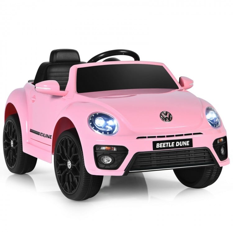 Volkswagen Beetle kids electric ride-on car in pink with remote control, lights, and music features for ages 3-8.