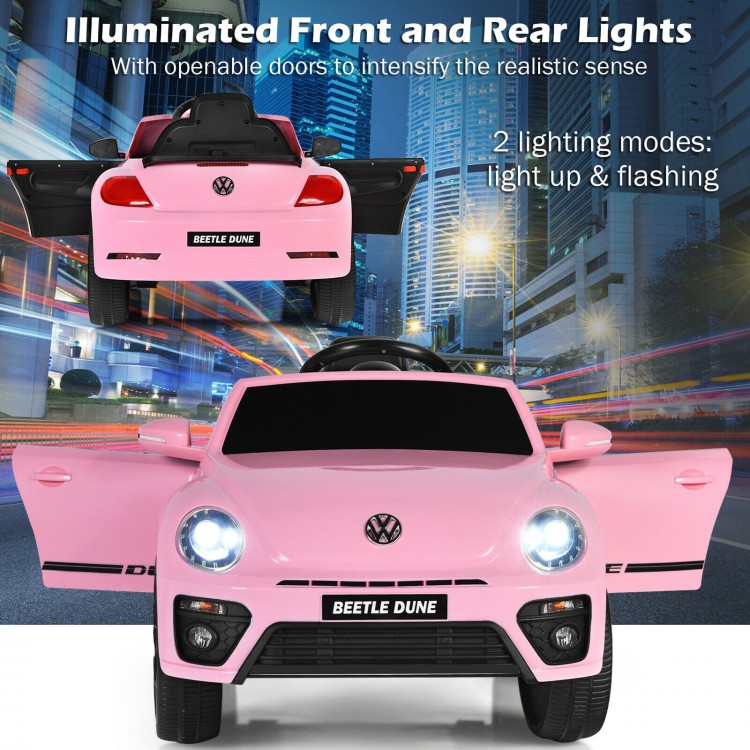 Volkswagen Beetle kids electric ride-on car in pink with illuminated front and rear lights, featuring openable doors.