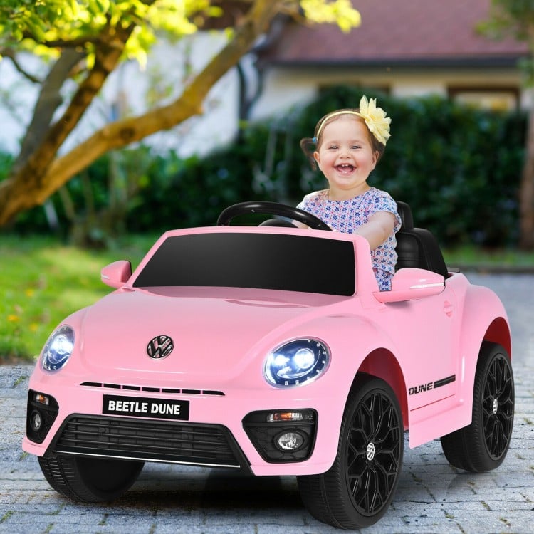 Volkswagen Beetle kids electric ride-on car in pink with remote control, designed for ages 37-96 months, featuring.