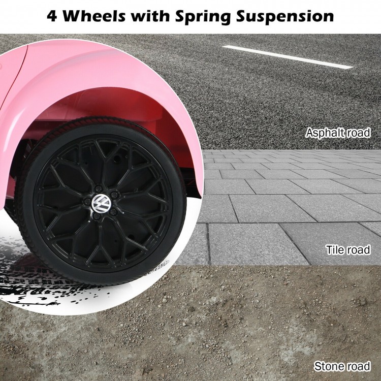 Close-up of the Volkswagen Beetle kids electric ride-on car wheel showcasing spring suspension for smooth driving on.