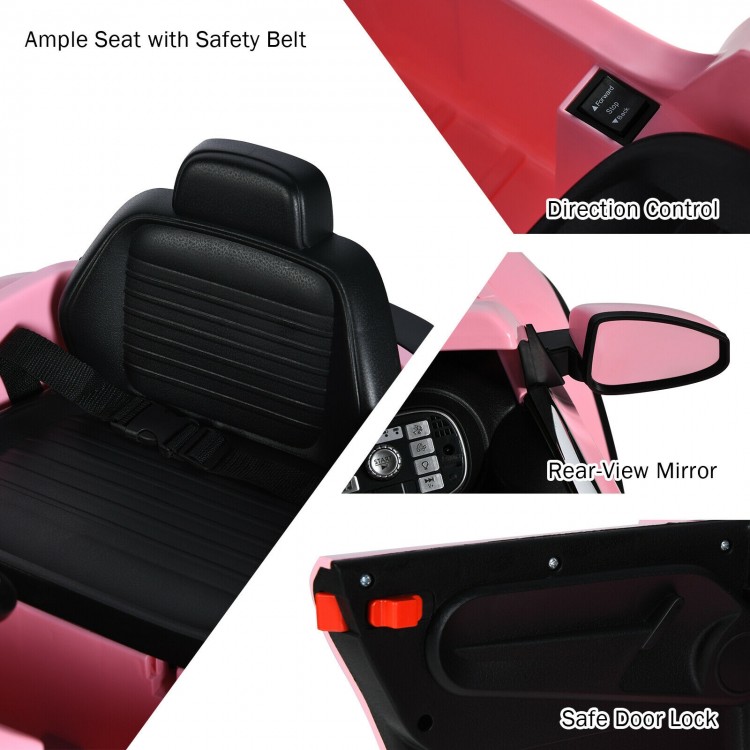Ample seat with safety belt and direction control for the pink Volkswagen Beetle kids electric ride on car.