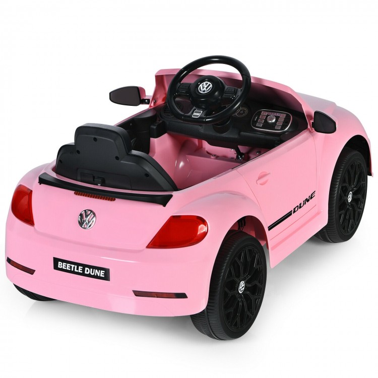 Rear view of the pink Volkswagen Beetle kids electric ride-on car showing opening doors, dashboard, and sporty design.