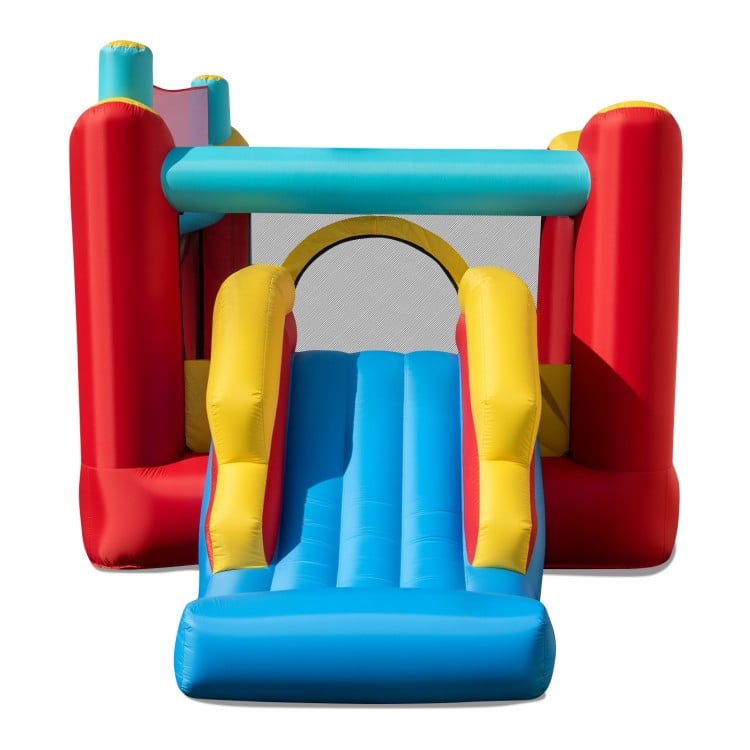 5-in-1 inflatable bounce house with slide and ball pit in red, yellow, and blue for kids' outdoor fun.